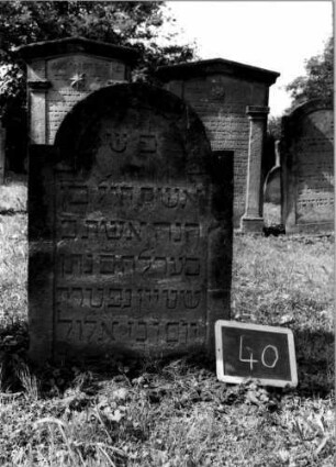Grabstein 40 (Index: 100107071) Material: Sandstein Zustand: eingesunken Maße HxBxT: 82x58x11 cm Beschreibung: Stele, eingezogener Rundbogenabschluß: Grabstein 40