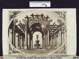 Ruine eines Portals mit Säulen der Ionischen Ordnung, von unten gesehen, unter der zentralen Öffnung ein dreistufiger Brunnen, gekrönt von einem Adler, in den Ecken Beschlagwerk.