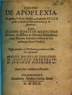 Theses De Apoplexia : De quibus ... disputabitur