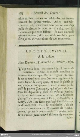 Lettre LXXXVIII. A la même. Aux Rochers, Dimanche 4. Octobre, 1671