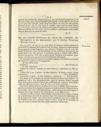 Sur une nouvelle distribution des classes des Crustacés, des Myriapodes et des Arachnides;