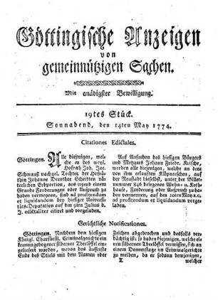 19tes Stück. Sonnabend, den 14ten May 1774.