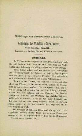 Verzeichnis der Wirbelthiere Oberschwabens. Erste Abtheilung: Säugethiere