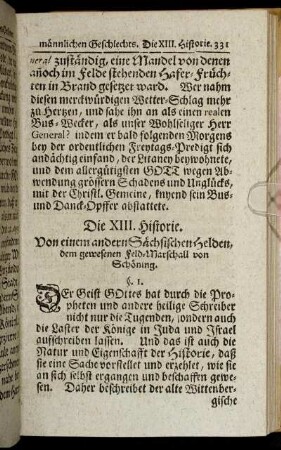 Die XIII. Historie. Von einem andern Sächsischen Helden, dem gewesenen Feld-Marschall von Schöning.