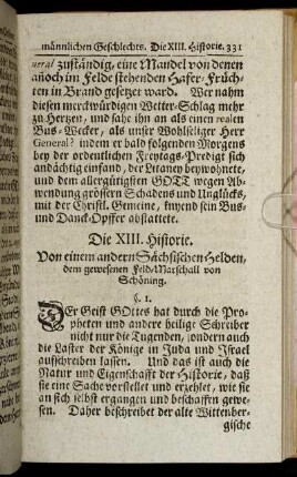 Die XIII. Historie. Von einem andern Sächsischen Helden, dem gewesenen Feld-Marschall von Schöning.