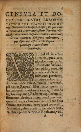 Censura et docta Explicatio errorum Catechismi Joannis Monhemii