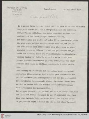 Brief von Aby Moritz Warburg an Franz Boll