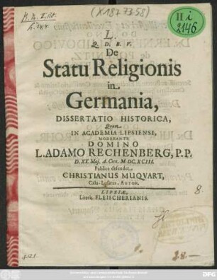 De Statu Religionis in Germania, Dissertatio Historica