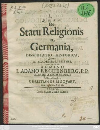 De Statu Religionis in Germania, Dissertatio Historica