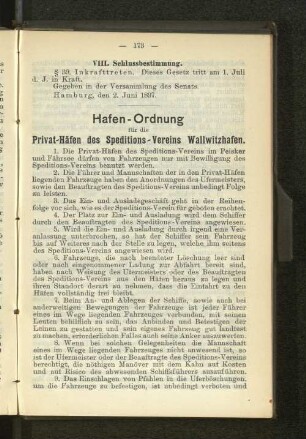 Hafen-Ordnung für die Privat-Häfen des Speditions-Vereins Wallwitzhafen.
