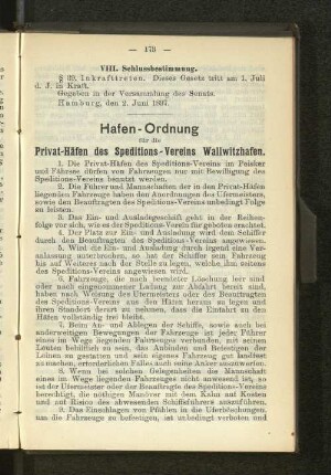 Hafen-Ordnung für die Privat-Häfen des Speditions-Vereins Wallwitzhafen.
