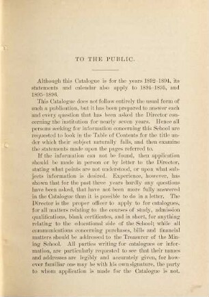 Catalogue of the Michigan Mining School 1892-1894 : With Statements concerning the Institution and its Courses of Instruction for 1895-1896. Houghton, Michigan