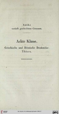 Achte Klasse. Griechische und Römische Denkmäler: Thiere