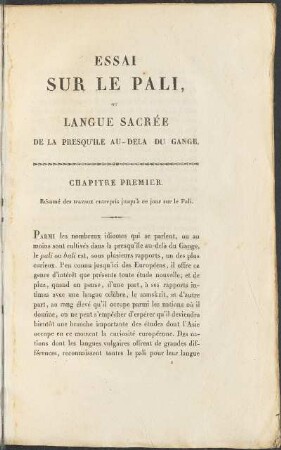 Chapitre Premier. Résumé des travaux entrepris jusqu'a ce jour sur le Pali.