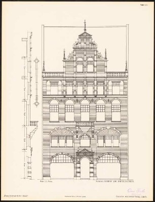 Fassadenentwürfe für Lübeck Das Ergebnis d. Wettbewerbes, ausgeschrieben d. d. Verein von Kunstfreunden zu Lübeck, bearb. v. Richard Landé, Leipzig 1901: Ansicht, Fassadenschnitt vertikal