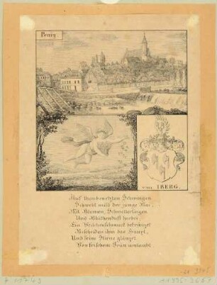 Ansicht der Stadt Penig in Mittelsachsen, mit der Stadtkirche "Unser Lieben Frauen Auf Dem Berge", mit Wappen der Familie v. Iberg, Engelsdarstellung und Gedicht
