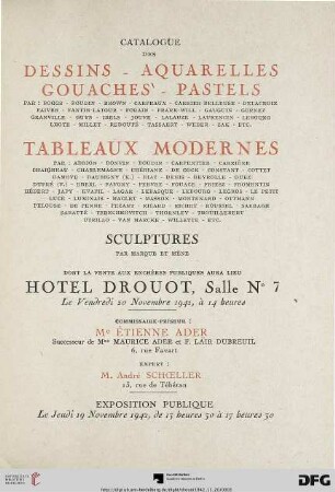Catalogue des dessins, aquarelles, gouaches, pastels par: Boggs ... : tableaux modernes par Adrion .. ; sculptures par Marque ... dont la vente aux enchères publiques aura lieu Hotel Drouot, le vendredi 20 novembre 1942