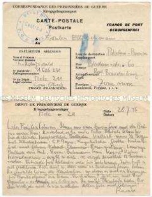 Vordruck-Postkarte von Harald von Koenigswald aus dem Kriegsgefangenenlager Metz an eine Bekannte u.a. über die Herausgabe von Kinderbüchern - Familienkonvolut