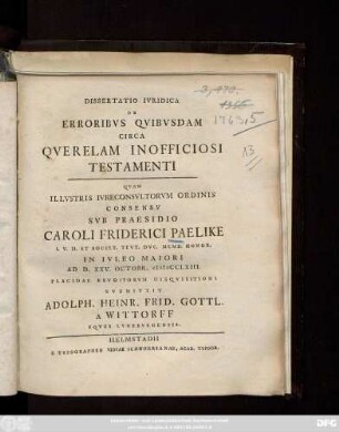 Dissertatio Ivridica De Erroribvs Qvibvsdam Circa Qverelam Inofficiosi Testamenti