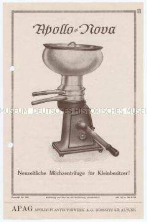 Apollo-Nova / Neuzeitliche Milchzentrifuge für Kleinbesitzer! / Prospekt Nr. 326