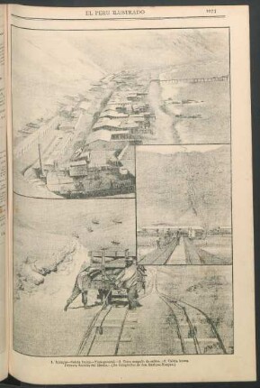[Vistas de] Iquique - Caleta buena. : 1. Vista general. - 2. Carro cargado de salitre. - 3. Caleta buena - Primera Sección del Muelle. (De fotografías de don Enrique Morgan.)