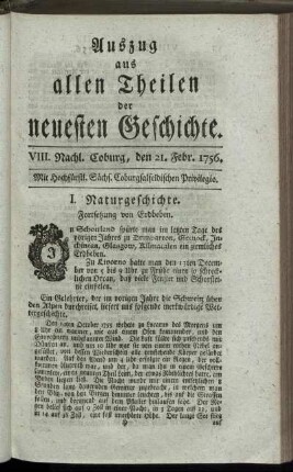 VIII. Nachl. Coburg, den 21. Febr. 1756.