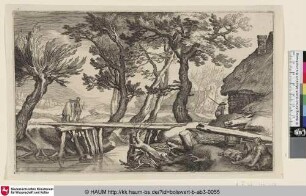 [Landschaft mit einer Brücke über einem Bach, eine Frau mit Hund und Spindel vorne rechts]