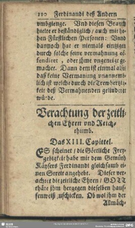 Verachtung der zeitlichen Ehren und Reichthumb. Das XIII. Capittel