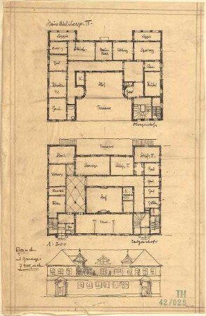 Fischer, Theodor; Nürnberg; Haus Adelsberger - Grundriss EG, Grundriss OG, Ansicht