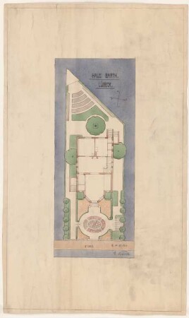 Garten Barth, Lübeck: Plan des Gartens im Grundriss mit Erdgeschoss-Grundriss des Wohnhauses 1:100