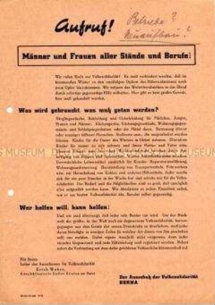 Aufruf des Ausschusses der Volkssolidarität Borna in Vorbereitung auf den Winter