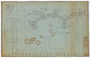Wohnungsbau, Stadtsanierung Wedding Abschnitt II/VI, Demminerstraße, Ruppiner Straße, Berlin: Lageplan der Obergeschosse mit Grundrissen Blattnummer 3, 1:500