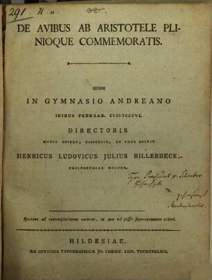 De avibus ab Aristotele Plinioque Commemoratis