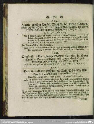 LXXII. Defensiv-Allianz zwischen der Crone Schweden, und Churfürst von Bayern, den 9ten Mart. 1675