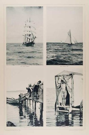 "Vor dem Hafen", "Auf hoher See", "Beim Netzeflicken" und "Die Schwimmerin" aus der Mappe "Malerische Bilder"