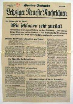 Sonderausgabe der "Leipziger Neuesten Nachrichten" zum Überfall Deutschlands auf Polen