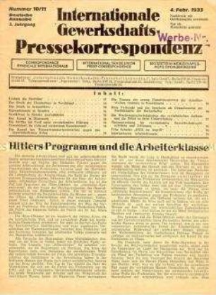 Mitteilungsblatt der kommunistischen Gewerkschaftsbewegung "Internationale Gewerkschafts-Pressekorrespondenz" zur Regierungsübernahme durch Hitler