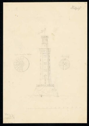 Leuchtturm Monatskonkurrenz Mai 1833: Grundriss Steinfundament, Eingangsgeschoss (?), Aufriss; Maßstabsleiste