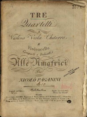 Tre quartetti a violino, viola, chitarra e violoncello : Op. 5