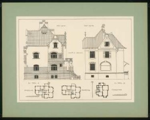 Villa Vautierstraße 94, Düsseldorf; Villa Hochschulstraße 30, Wien: Grundrisse und Ansichten (aus: Moderne Villen in Meisteraquarellen, hrsg. von Gebr. R. Völkel, 1903-04)