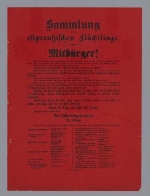 "Sammlung für die ostpreußischen Flüchtlinge"