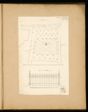 Gefallenendenkmal, Stendal Monatskonkurrenz März 1875: Lageplan, Detail: Aufriss Zaun; 2 Maßstabsleisten
