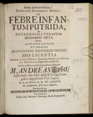 Disputatio Inauguralis Medica, De Febre Infantum Putrida, Ex Putredinali Vermium Seminario Orta