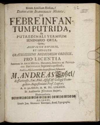 Disputatio Inauguralis Medica, De Febre Infantum Putrida, Ex Putredinali Vermium Seminario Orta