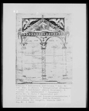 Evangelistar — Kanontafel mit Architekturrahmen und Evangelistensymbolen, Folio 8 recto