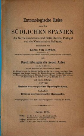 Entomologische Reise nach dem südlichen Spanien, der Sierra Guadarrama und Sierra Morena, Portugal und den Cantabrischen Gebirgen