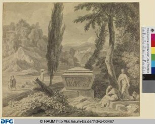 Heroische Landschaft mit Grabdenkmal und zwei kauernden Frauen