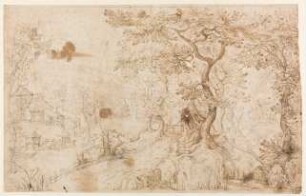 Waldlandschaft mit Fluß und Wassermühle