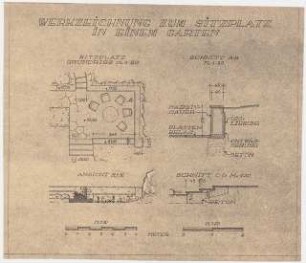 Unzugeordnete Werkzeichnungen: Werkzeichnung zum Sitzplatz in einem Garten: Grundriss, Ansicht, Schnitte 1:50, 1:20