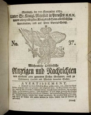 No. 37. Montags, den 7ten September 1772.